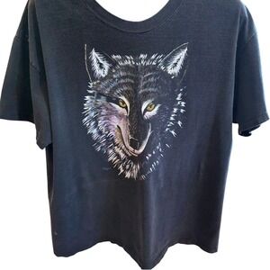 VTG 1995 Artisans Wolf Graphic T-Shirt XL Single Stitch Distressed Black Fade